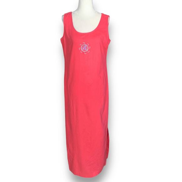 Vintage 90s Coral Linen Blend Maxi Kokopelli Embroidered Pattern Sundress 10 - Picture 1 of 9